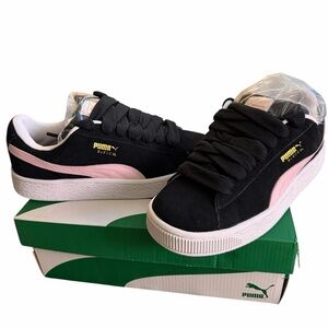 Women’s Puma Suede XL Black with a wisp of pink Size 7.5 brand new in box shoes!